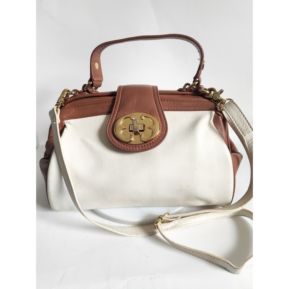 Emma Fox Spectators Satchel Bag Two-Tone Cream Brown Leather Doctor Crossbody